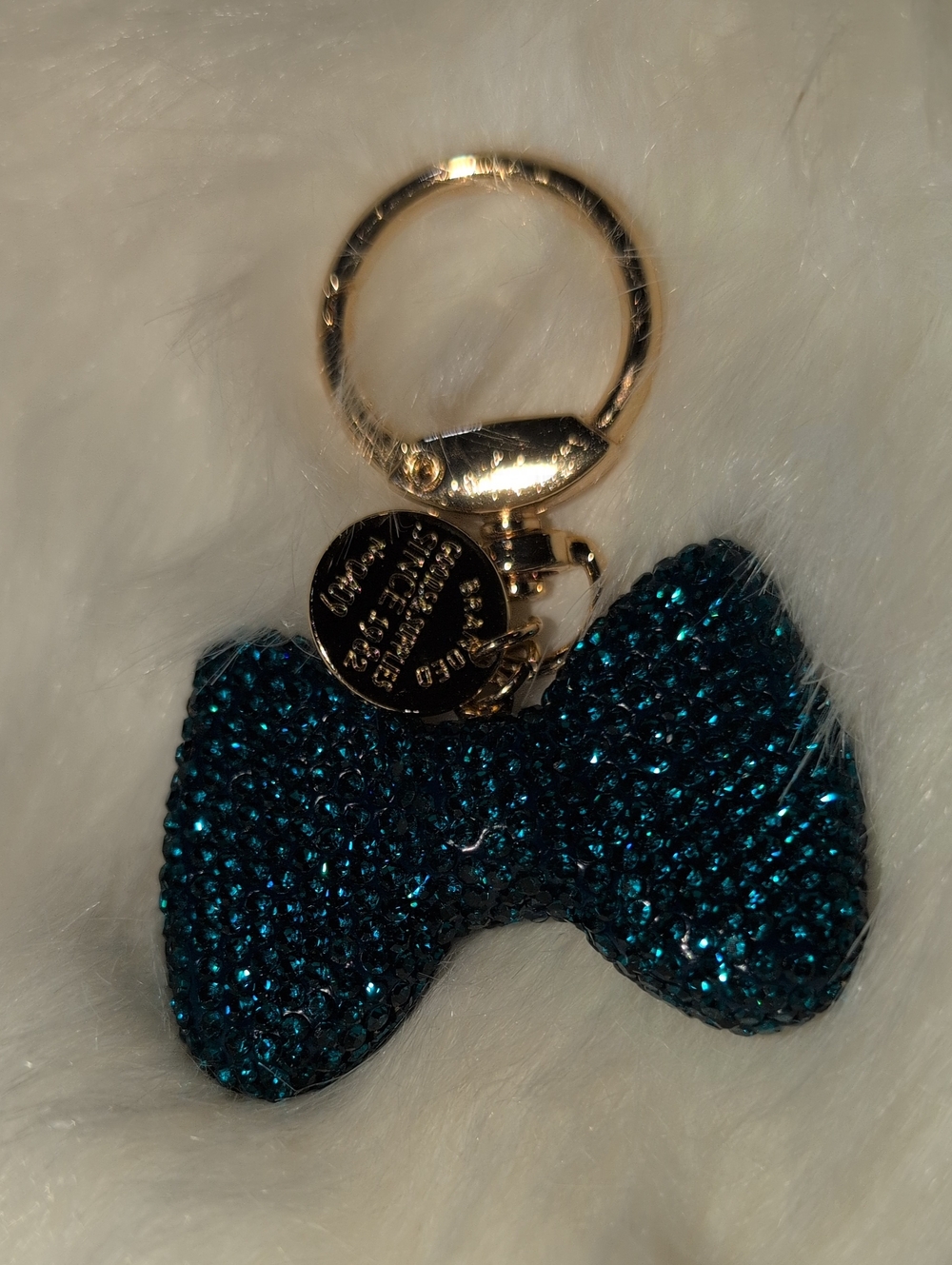 Sparkling Teal Crystal Bow Keychain Bag Charm With Gold Hardware